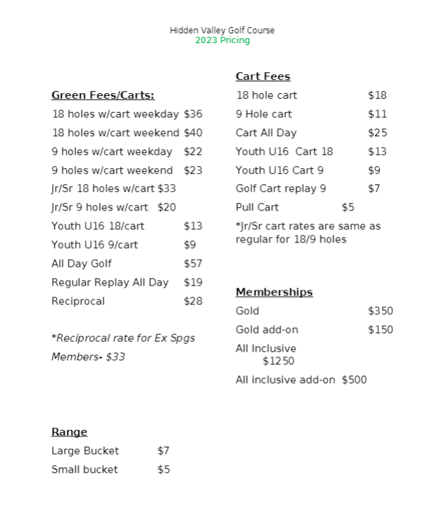 Rates Hidden Valley Golf Course